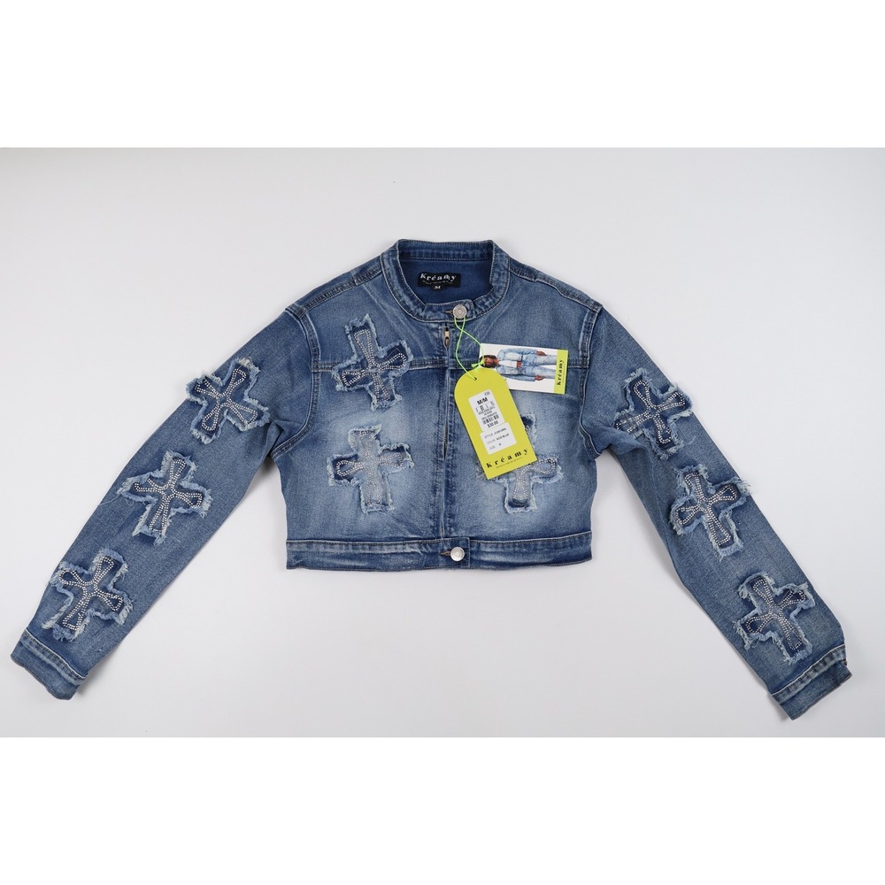 Kreamy Denim Jacket Cropped Rhinestone Cross Acid Blue Medium NWT